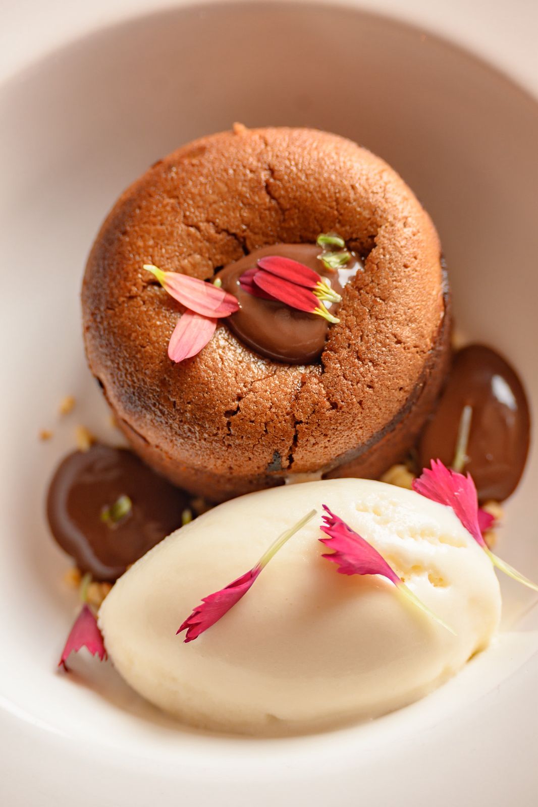 Sobremesa de chocolate com sorvete e flores comest&iacute;veis